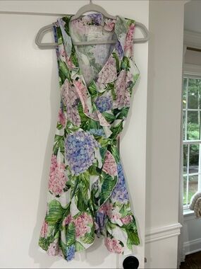 Sleeveless Floral Hydrangea Wrap Mini Dress - Pink & Lavender